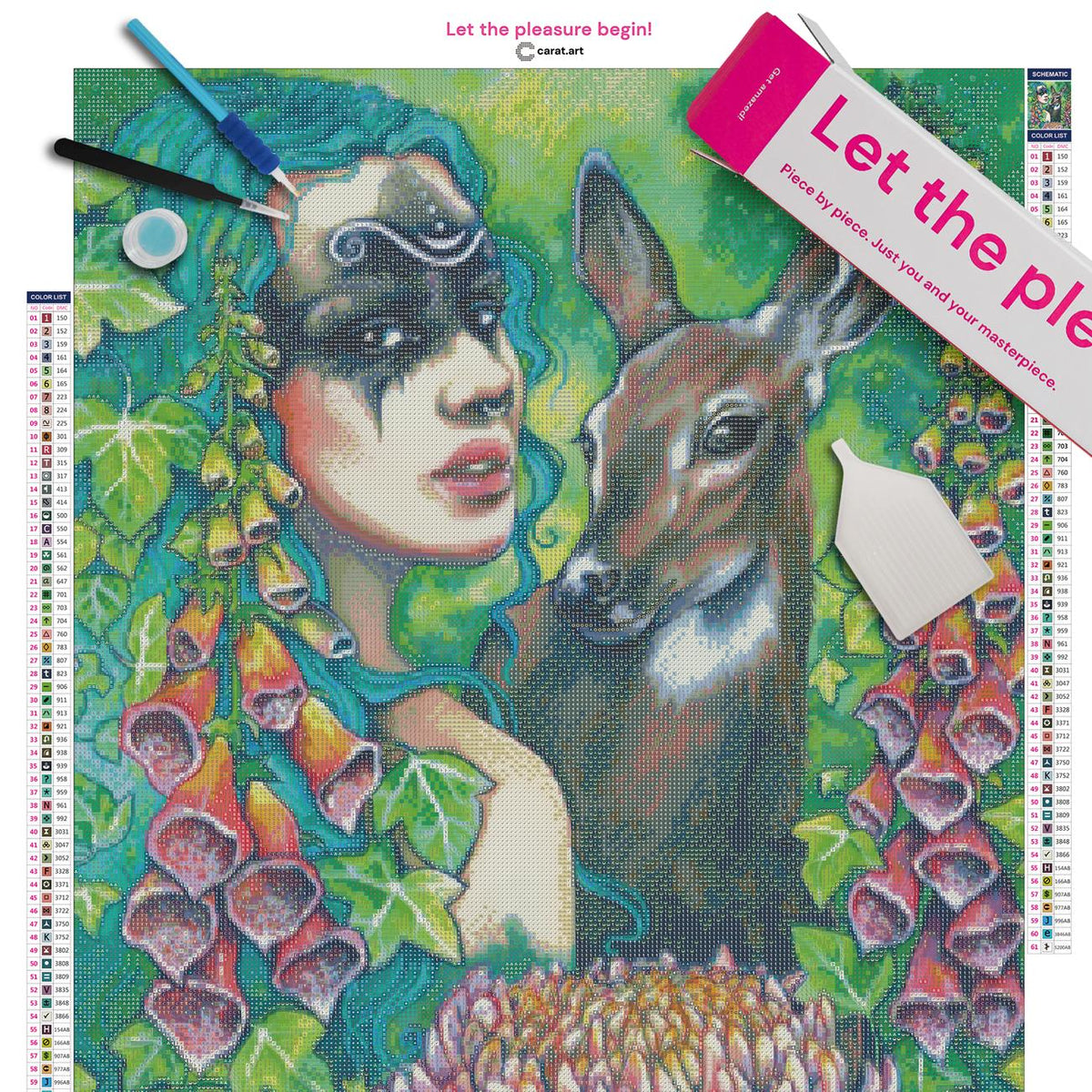 Diamond Painting Set mit geheimnisvoller Waldfee und tierischer Begleiterin inklusive Leinwand, ciratart.com Karton und Zubehör