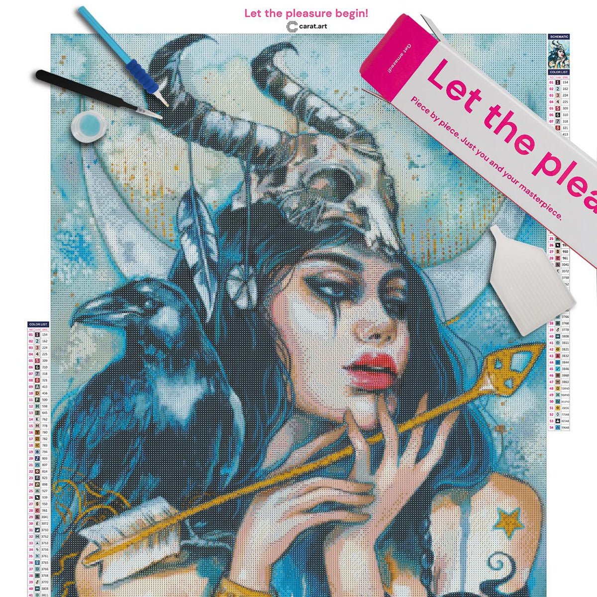 Diamond Painting Set mit Artemis, Rabe und goldenem Pfeil im Fantasy Motiv inklusive Leinwand, ciratart.com Karton und Zubehör