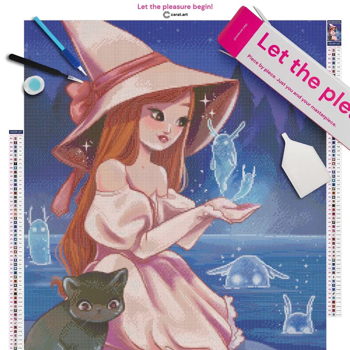 Diamond Painting Set mit kleiner Hexe, schwarzer Katze und leuchtenden Wassergeistern inklusive Leinwand, ciratart.com Karton und hochwertigem Zubehör