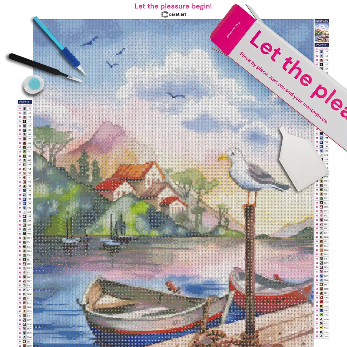 Diamond Painting Set mit idyllischem Bergsee, Bootssteg, Booten, Möwe und Berglandschaft mit kleinen Häuschen inklusive Leinwand, ciratart.com Karton und hochwertigem Zubehör
