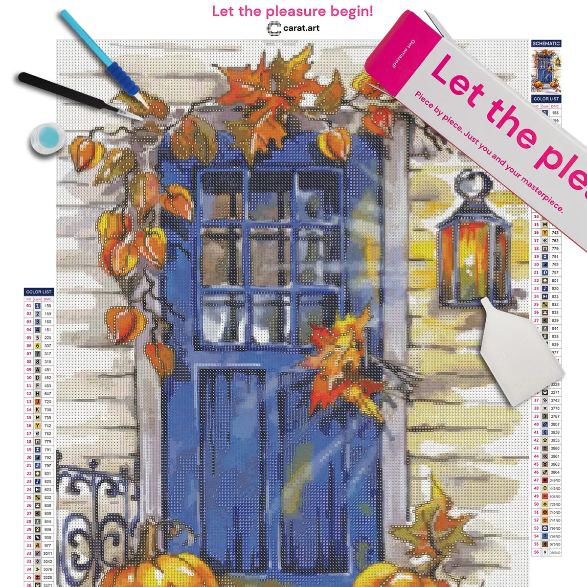 Premium Diamond Painting Set mit Leinwand mit herbstlichem Motiv einer blauen Tür mit Laterne, orangenen Kürbissen und buntem Herbstlaub dekoriert, mit ciratart.com Box und Werkzeug-Set