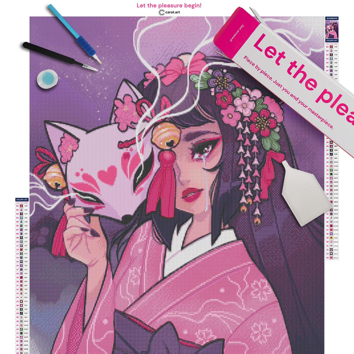 Diamond Painting Set mit geheimnisvollem Kimono Mädchen und Fuchsmaske inklusive Leinwand, ciratart.com Karton und hochwertigem Zubehör