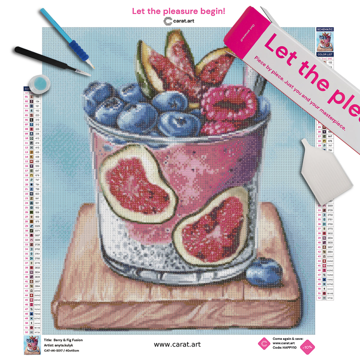 Diamond Painting Set mit Glas voller Chia-Joghurt, Feigen, Blaubeeren und Himbeeren sowie einem Löffel auf einem Holzbrett inklusive Leinwand, ciratart.com Karton und Zubehör