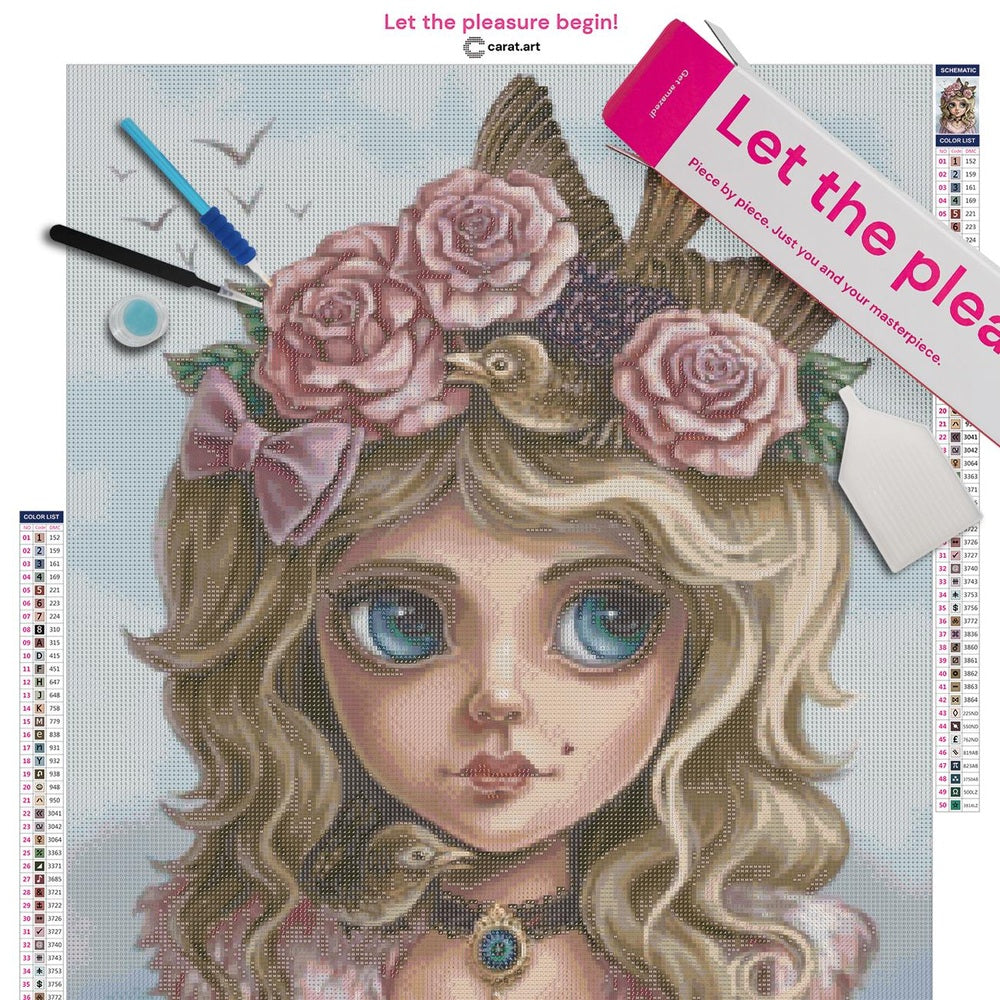 Diamond Painting Set mit Mädchen, Rosenkrone und zwei kleinen Vögeln inklusive Leinwand, ciratart.com Karton und hochwertigem Zubehör