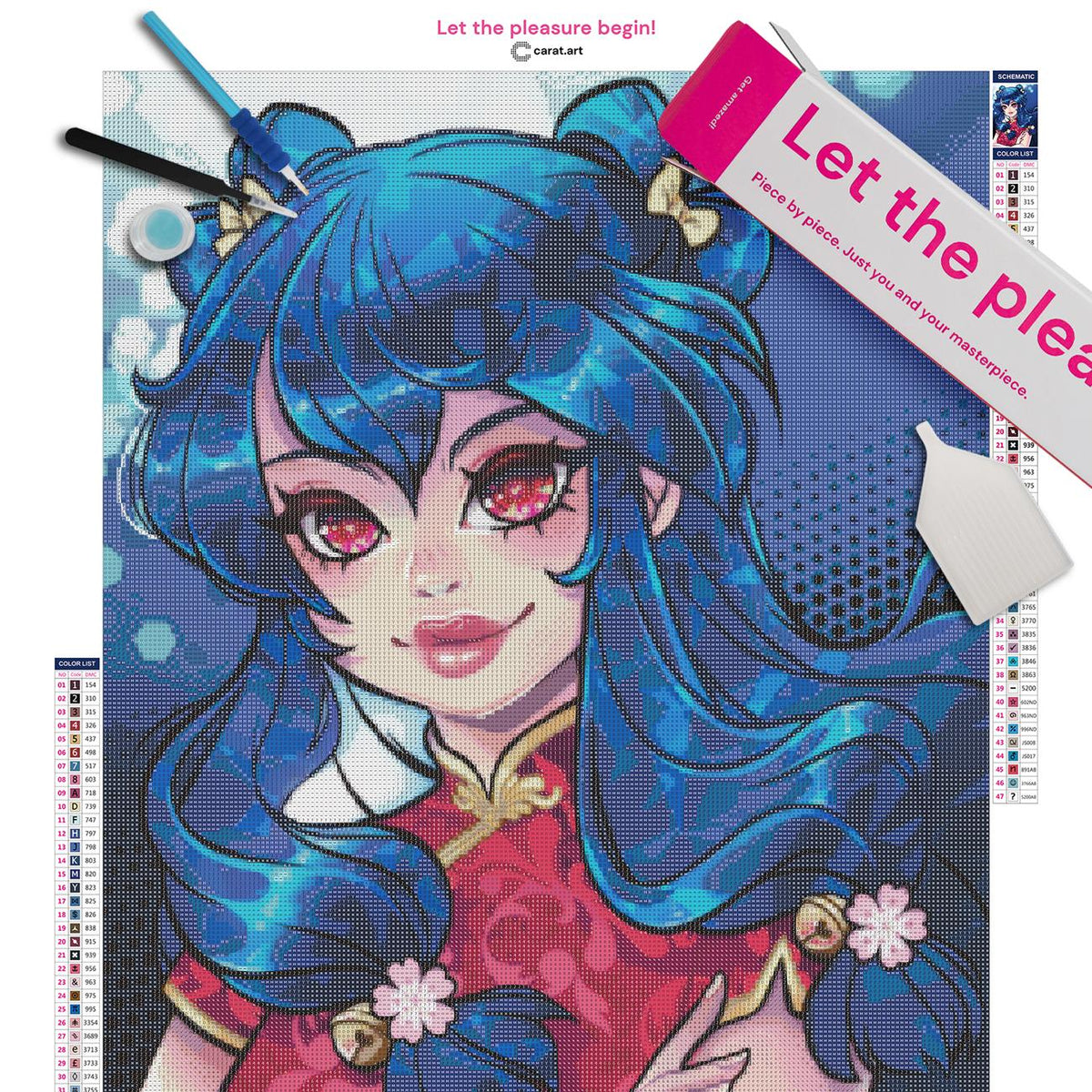 Diamond Painting Set mit Mädchen mit blauen Haaren und großen Augen in einem roten Kleid mit Muster, umgeben von einem leuchtenden Bokeh inklusive Leinwand, ciratart.com Karton und hochwertigem Zubehör