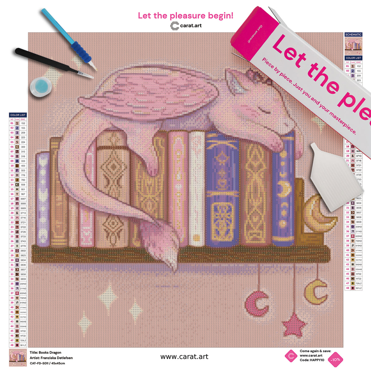 Diamond Painting Set mit kleinem rosa Drachen, der auf Büchern in einem Wandregal liegt und träumt, inklusive Leinwand, ciratart.com Karton und hochwertigem Zubehör
