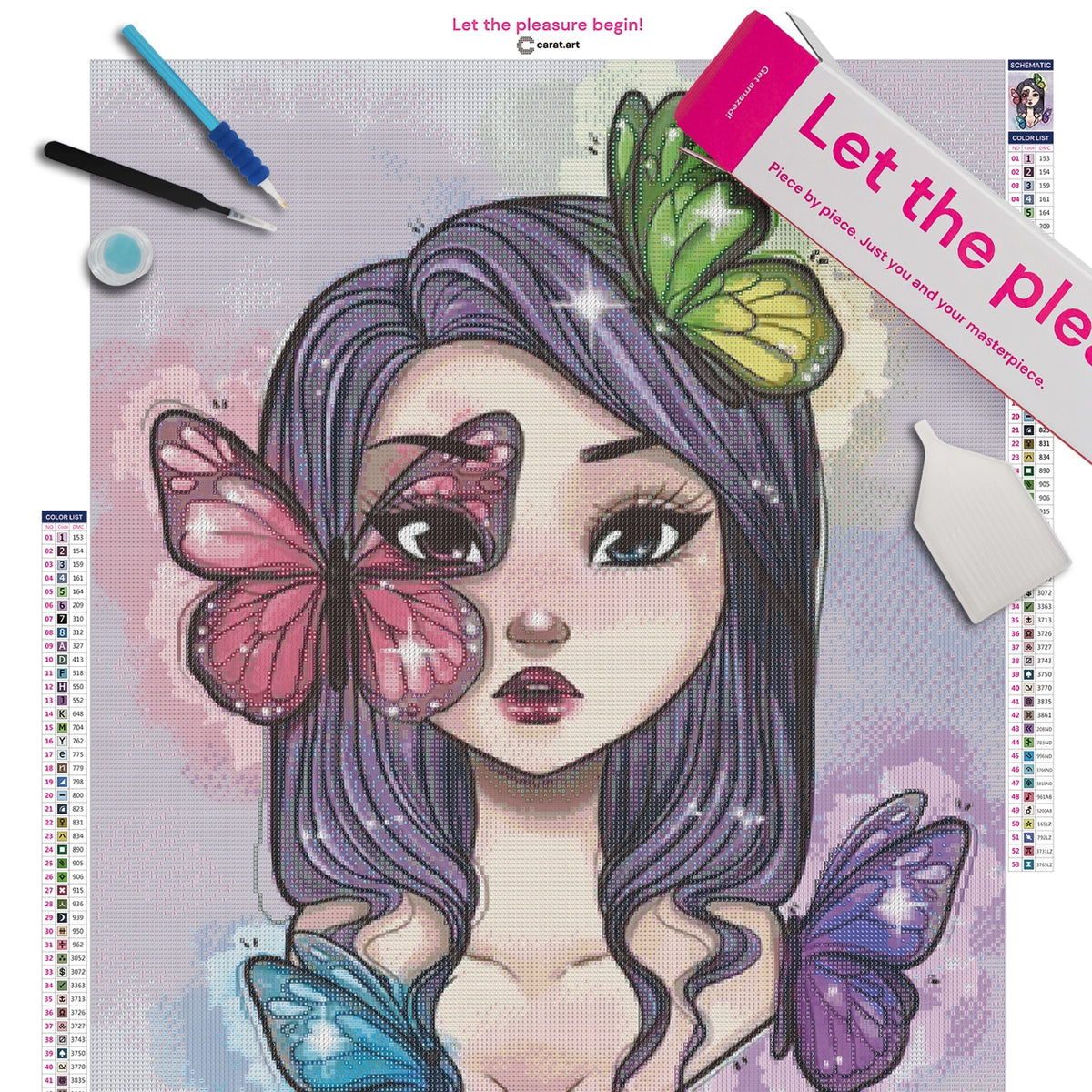 Diamond Painting Set mit Mädchenportrait und Schmetterlingen inklusive Leinwand, ciratart.com Karton und hochwertigem Zubehör