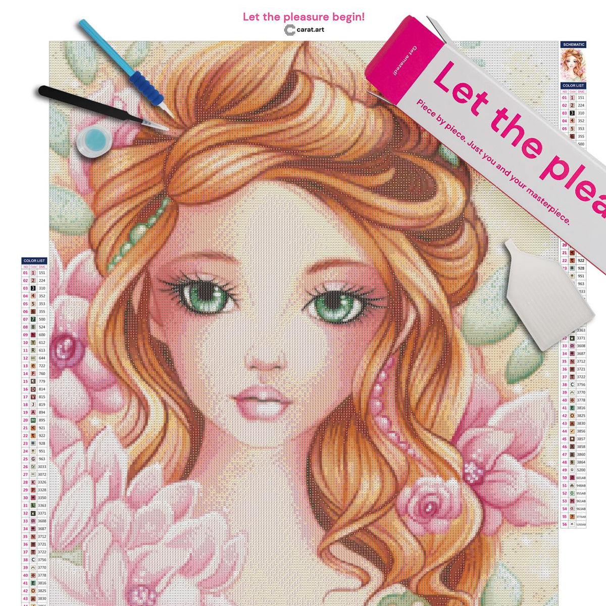 Diamond Painting Set mit Camellia Mädchenportrait und Blütenmotiv inklusive Leinwand, ciratart.com Karton und hochwertigem Zubehör