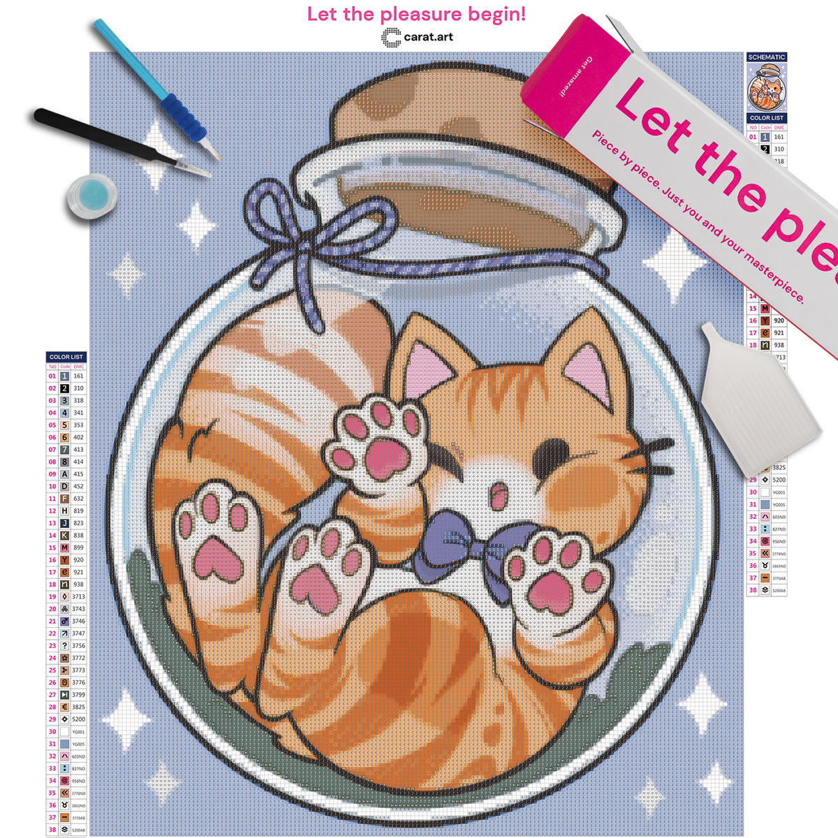 Diamond Painting Set mit niedlichem orangefarbenem Kätzchen im Glasflakon, lila Fliege und funkelndem Sternenstaub inklusive Leinwand, Diamond Painting Zubehör und ciratart.com Box