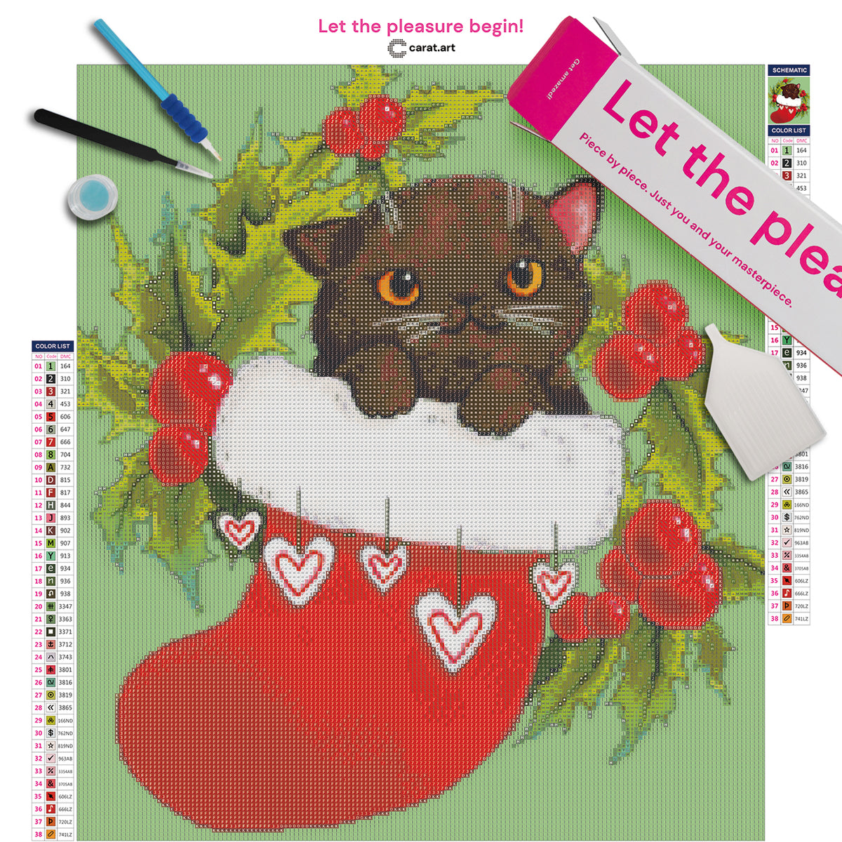 Diamond Painting Set mit schwarzem Kätzchen, rot-weißem Weihnachtsstrumpf, Stechpalmenblättern und roten Beeren inklusive Leinwand, ciratart.com Karton und hochwertigem Zubehör