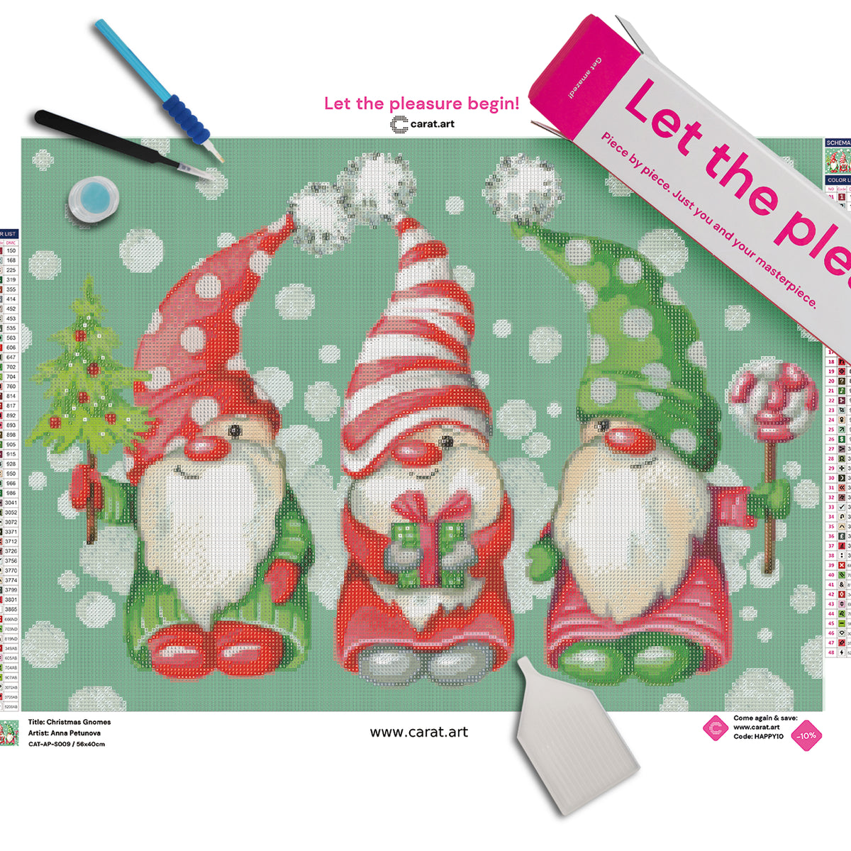 Diamond Painting Set mit drei Weihnachtsgnomen und ihren festlichen Accessoires – geschmückter Weihnachtsbaum, Geschenk und großer Lolli am Stiel – inklusive Leinwand, ciratart.com Karton und hochwertigem Zubehör