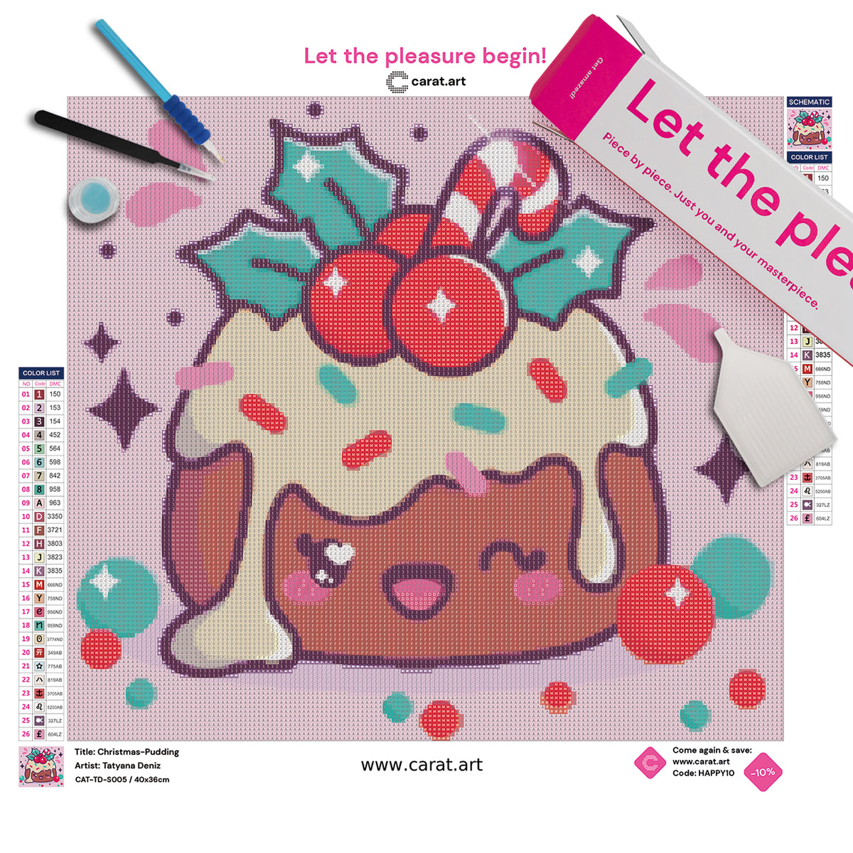 Diamond Painting Set mit Kawaii Christmas-Pudding mit weißer Glasur, Beeren, grünen Blättern und kleiner Zuckerstange, umgeben von Tropfen, Beeren und Sternen inklusive Leinwand, ciratart.com Karton und hochwertigem Diamond Painting Zubehör