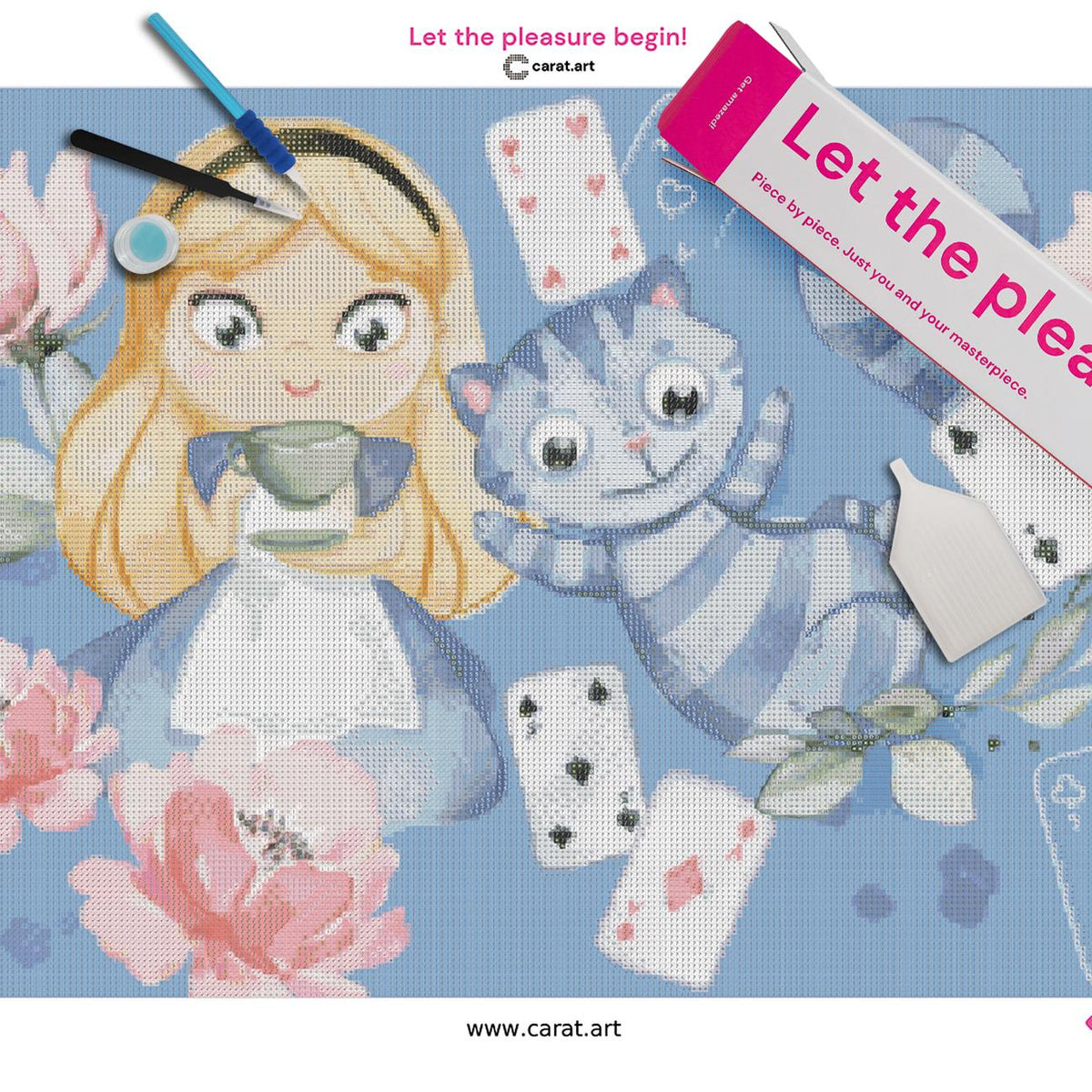 Diamond Painting Set mit Alice, Cheshire-Katze und fantasievollem Teemotiv inklusive Leinwand, ciratart.com Karton und hochwertigem Zubehör
