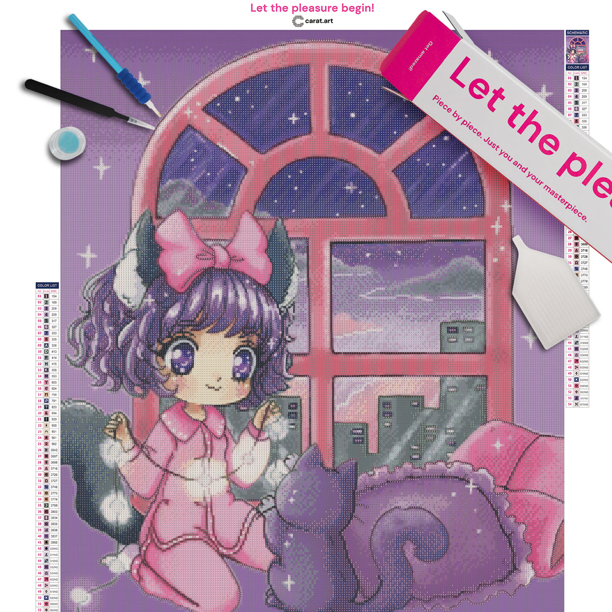 Diamond Painting Set mit Kawaii Mädchen im Pyjama und Katzenkostüm, pinker Schleife und ihrer schwarzen Katze beim Sortieren einer Lichterkette, umgeben von Kissen vor einem Panoramafenster mit Skyline inklusive Leinwand, ciratart.com Karton und hochwertigem Zubehör