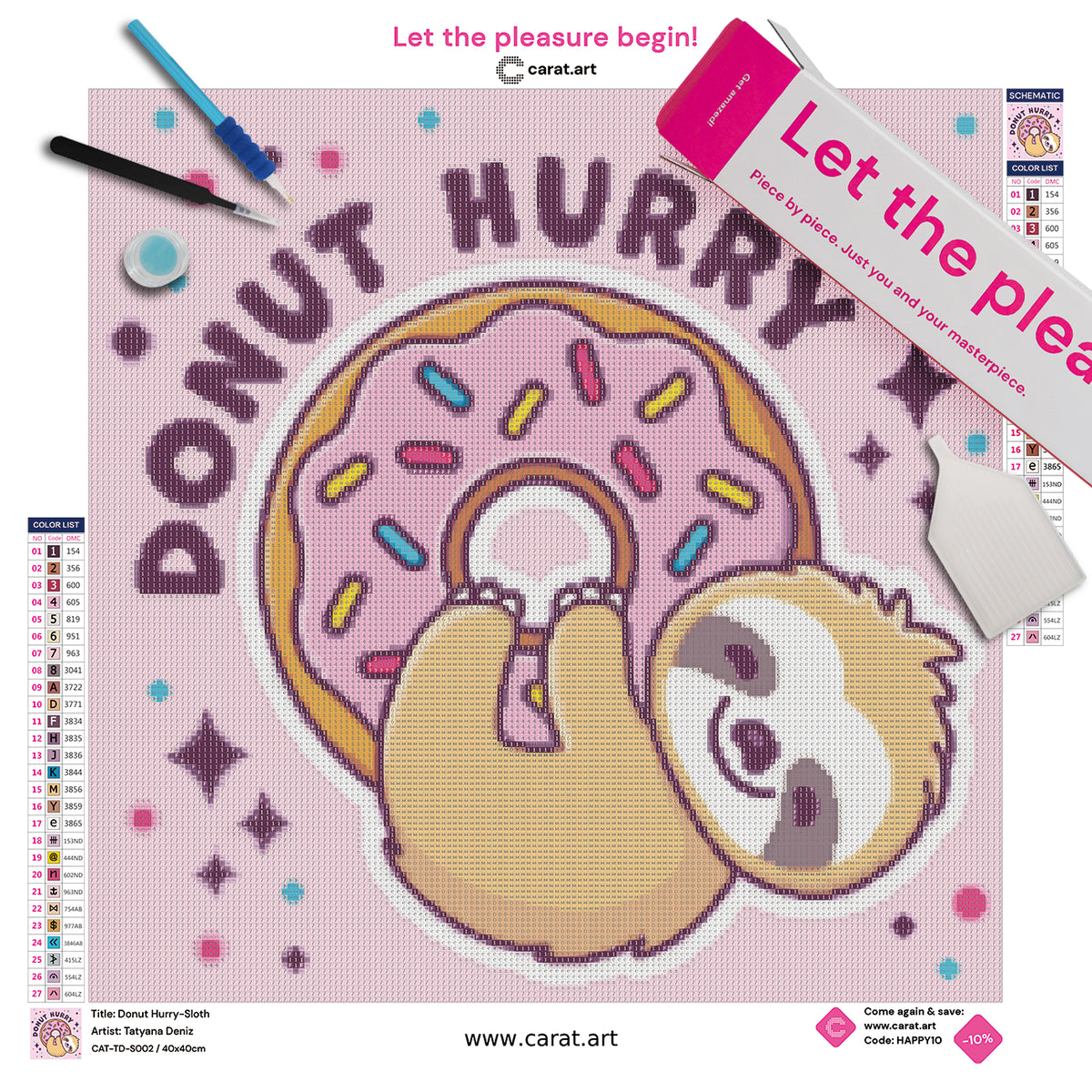 Komplettset für dein Diamond Painting niedliches kleines Faultier mit Donut auf Premium Leinwand mit Karton und Diamond Painting Werkzeug