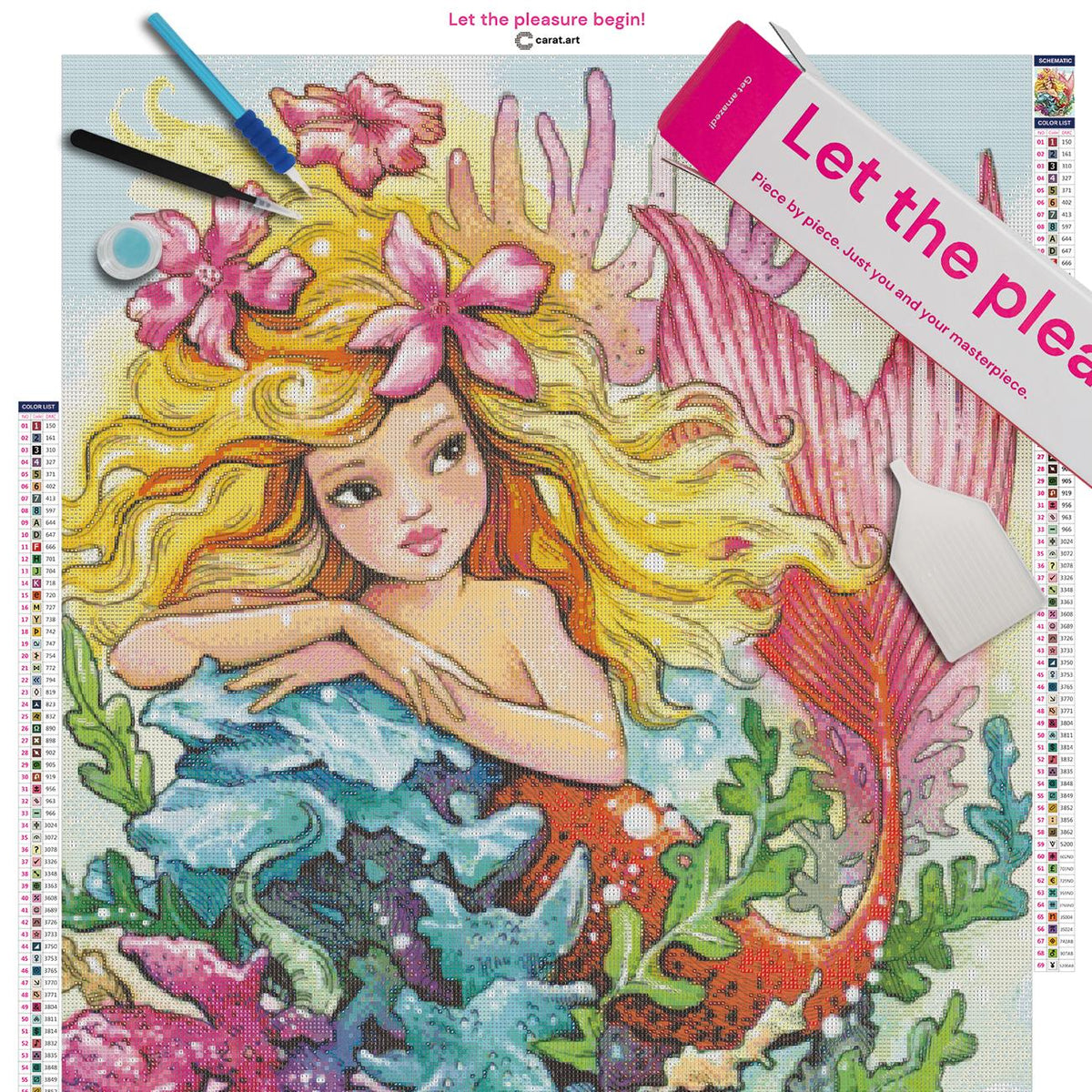 Diamond Painting Set mit Meerjungfrau, pinken Blüten, goldenen Haaren und roter Schwanzflosse inklusive Leinwand, ciratart.com Karton und hochwertigem Zubehör