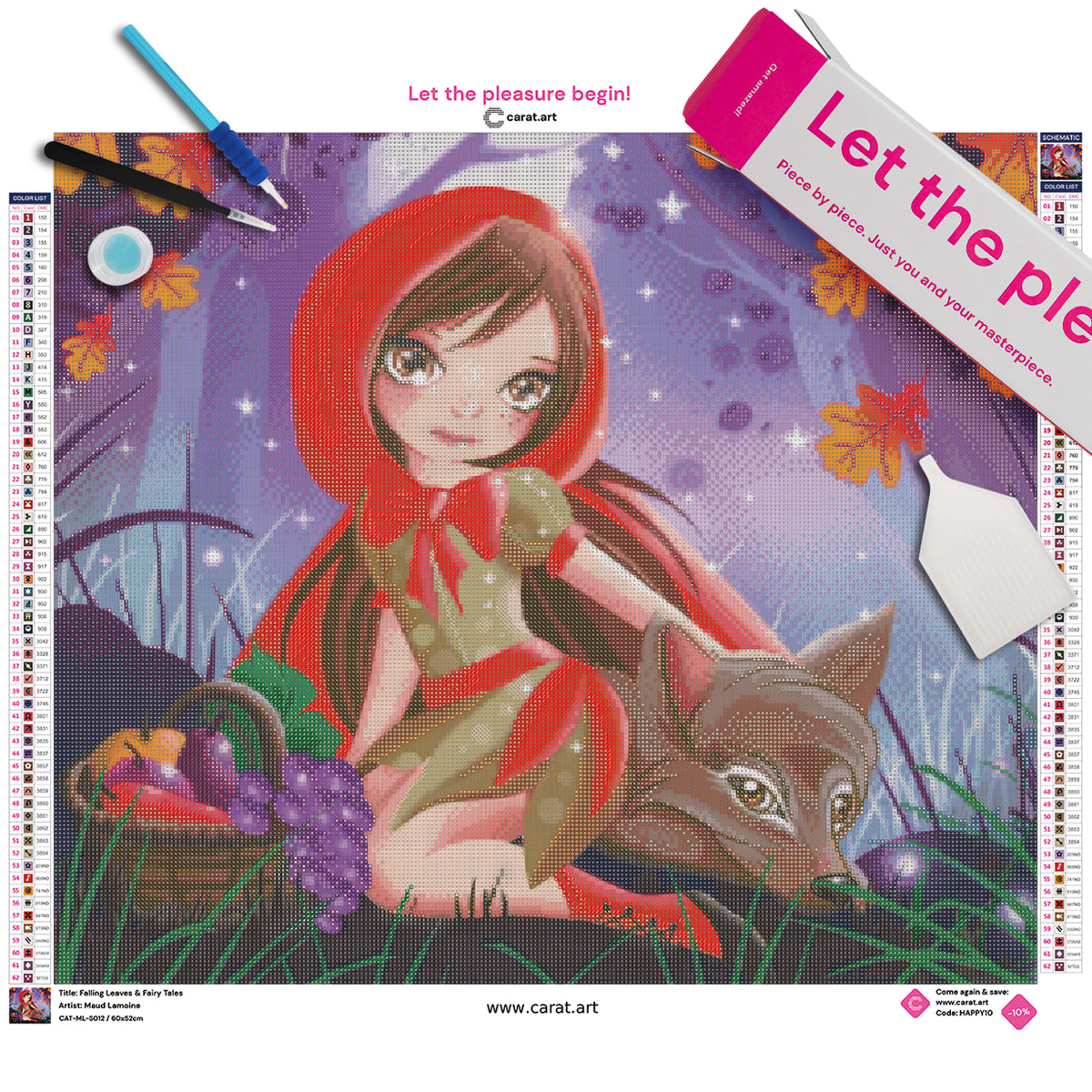 Diamond Painting Set mit kleinem Rotkäppchen und ihrem Wolf beim gemeinsamen Picknick im Wald, umgeben von fallendem Herbstlaub, inklusive Leinwand, ciratart.com Karton und hochwertigem Zubehör