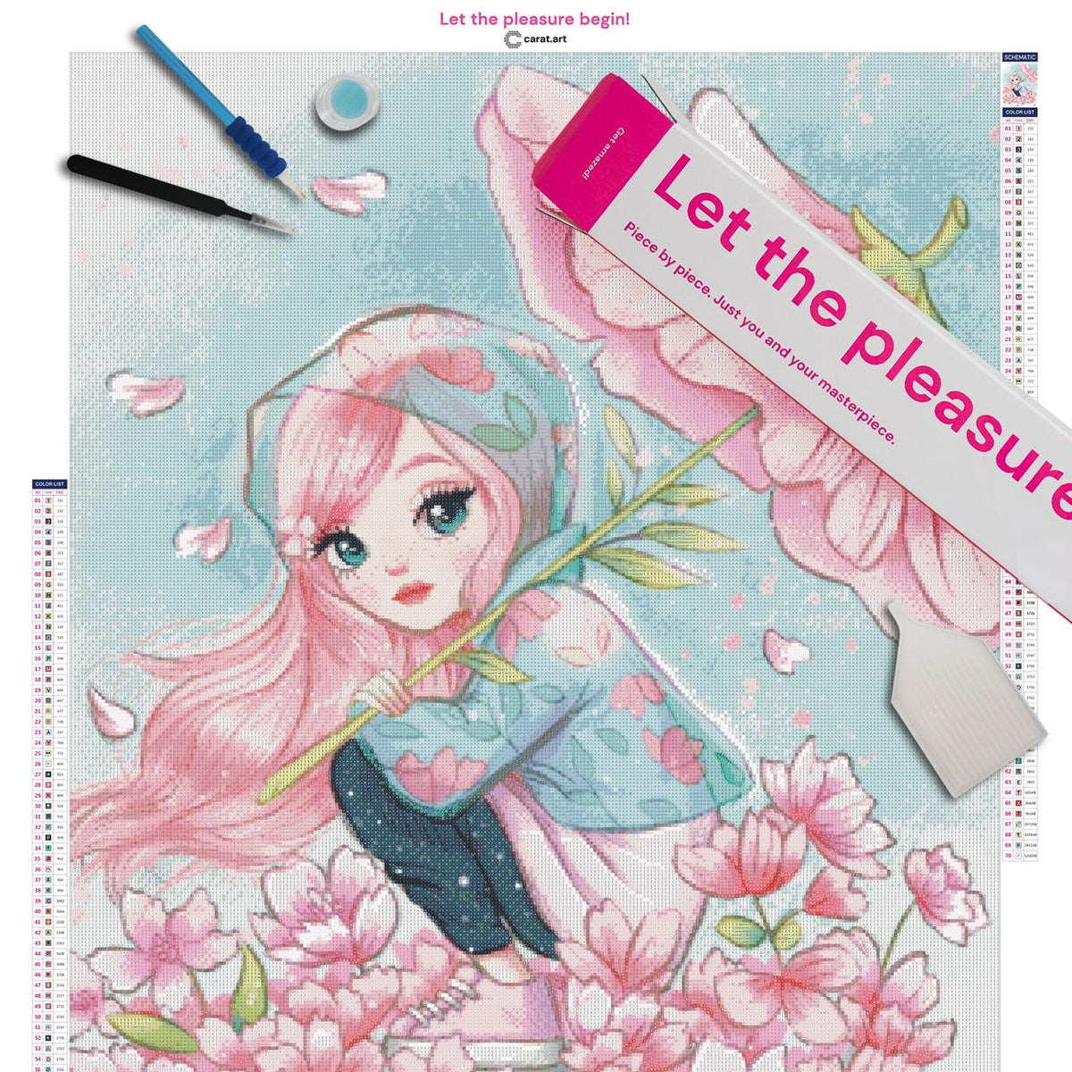 Diamond Painting Set mit Mädchen, Blütenschirm und geblümtem Regenmantel inklusive Leinwand, ciratart.com Karton und hochwertigem Zubehör