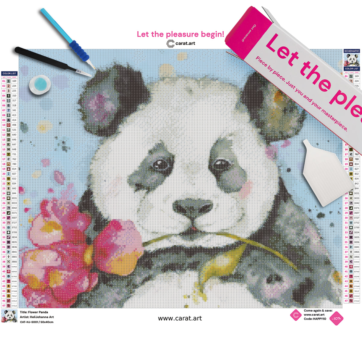 Diamond Painting Set mit niedlichem Pandabären und großer Blüte in Pink- und Goldtönen vor hellblauem Hintergrund inklusive Leinwand, Diamond Painting Werkzeug und ciratart.com Karton