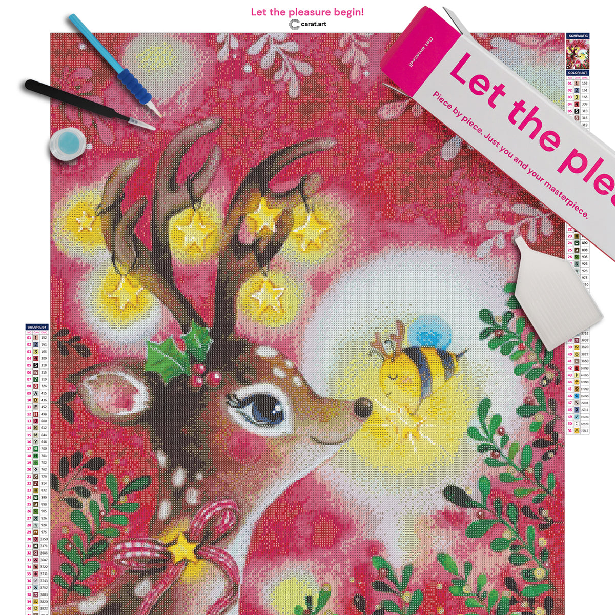 Premium Diamond Painting Set mit Weihnachtsmotiv, Reh, Biene und Mistelzweigen inklusive Leinwand, ciratart.com Karton und hochwertigem Zubehör