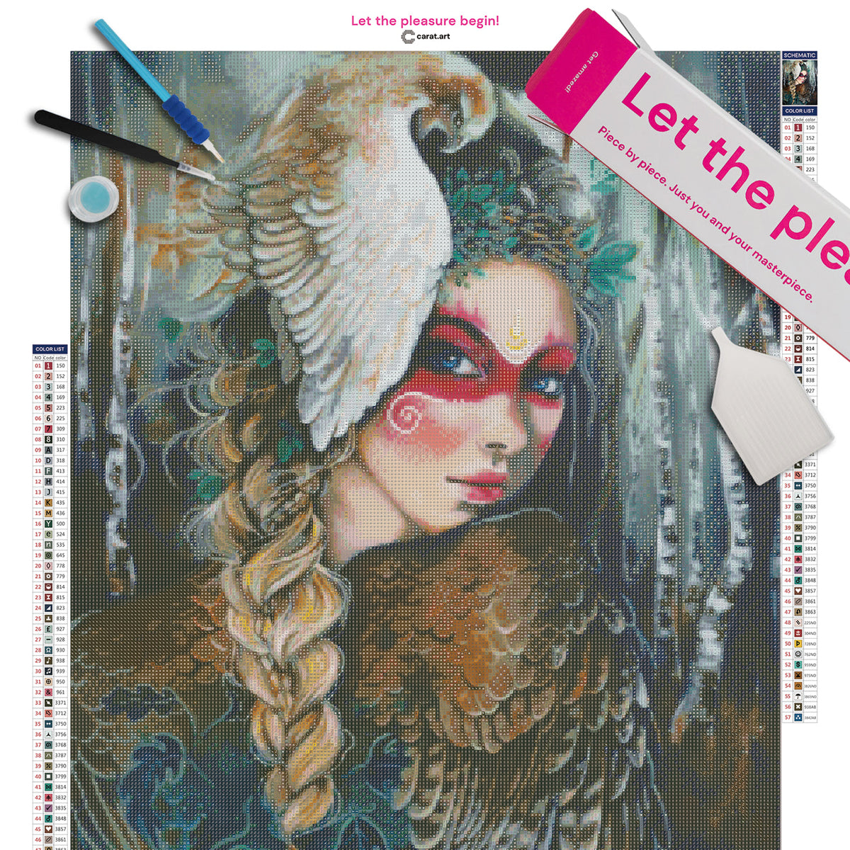 Diamond Painting Set mit Freya, Falke und mystischem Birken Waldmotiv inklusive Leinwand, ciratart.com Karton und Zubehör