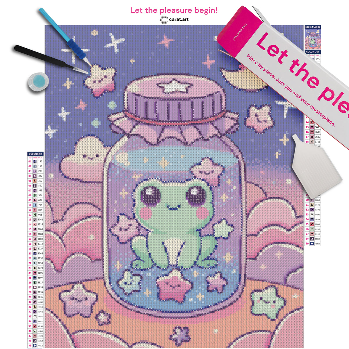 Diamond Painting Komplett-Set mit niedlichem Frosch im Glas, freundlichen Sternen, rosa Wolken und Mond inklusive Leinwand, Diamond Painting Zubehör und ciratart.com Box