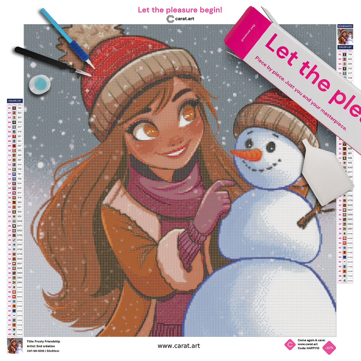 Diamond Painting Set mit Mädchen mit langen braunen Haaren und Schal und einem Schneemann mit passenden Mützen, die sich lächelnd ansehen, umgeben von fallenden Schneeflocken inklusive Leinwand, ciratart.com Karton und hochwertigem Zubehör