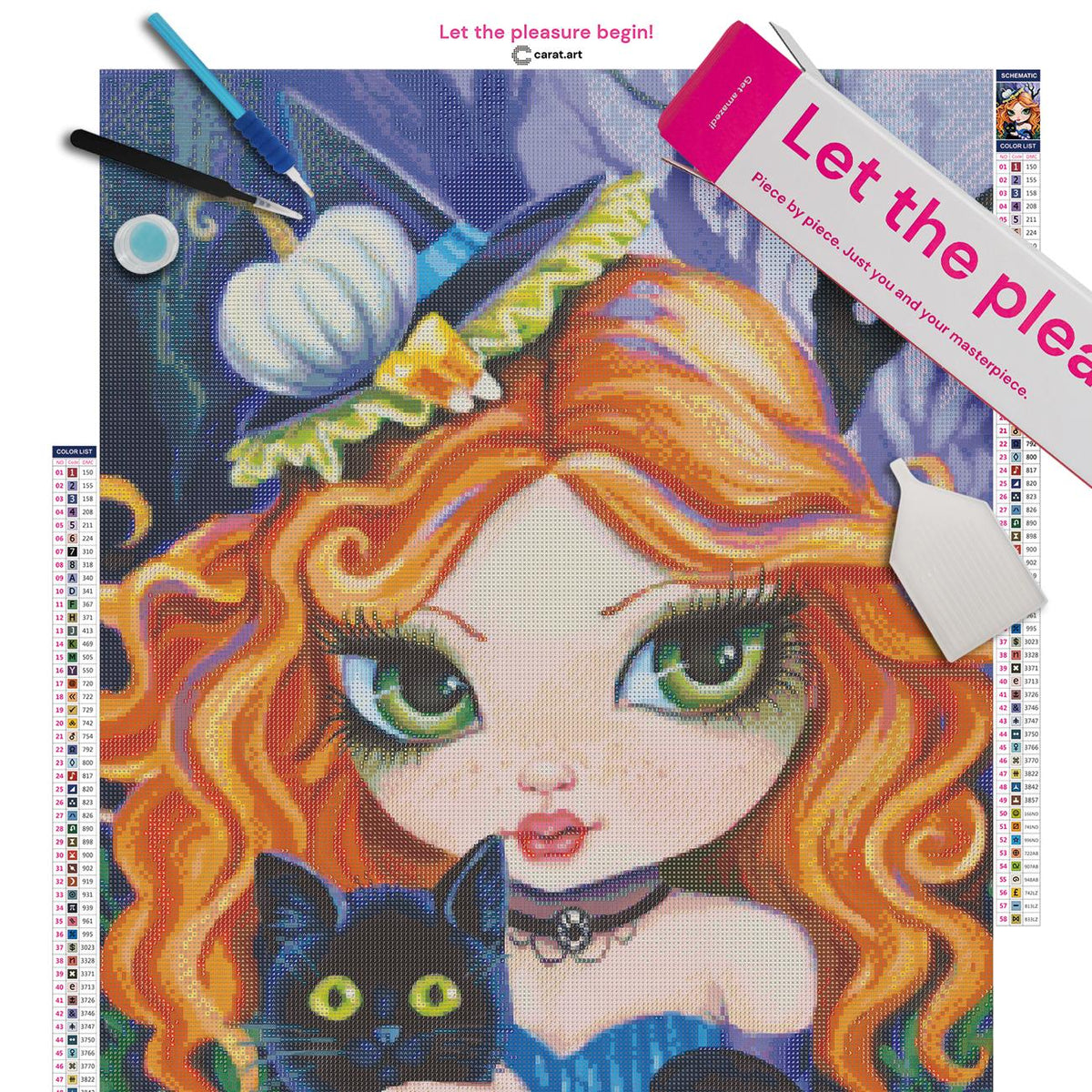 Diamond Painting Set mit rothaariger Hexe, dekoriertem Halloween-Hut und schwarzem Kater inklusive Leinwand, ciratart.com Karton und hochwertigem Zubehör