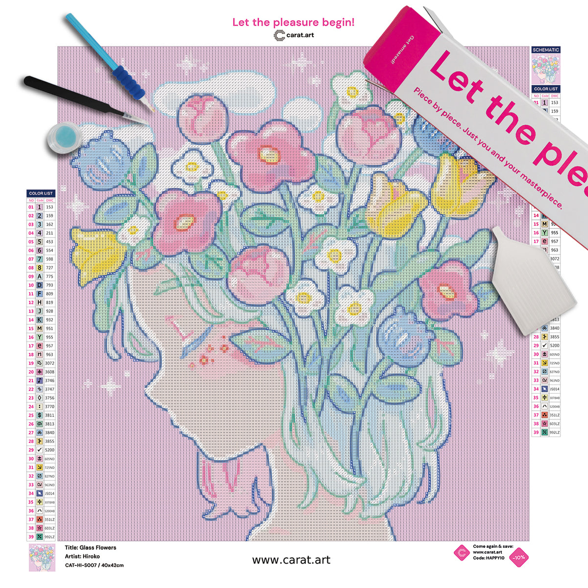 Diamond Painting Set von Hiroko mit floralem Mädchenportrait inklusive Leinwand, ciratart.com Karton und hochwertigem Zubehör