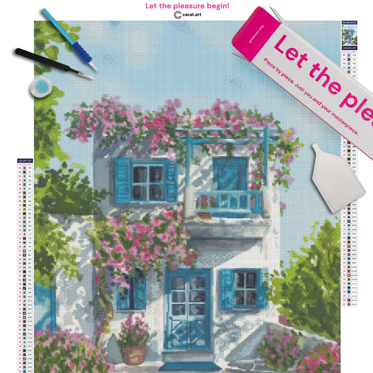 Premium Diamond Painting Set mit idyllischem weißem Häuschen, blau-türkisen Fensterläden und rosafarbenen Blüten inklusive Leinwand, ciratart.com Karton und Diamond Painting Zubehör