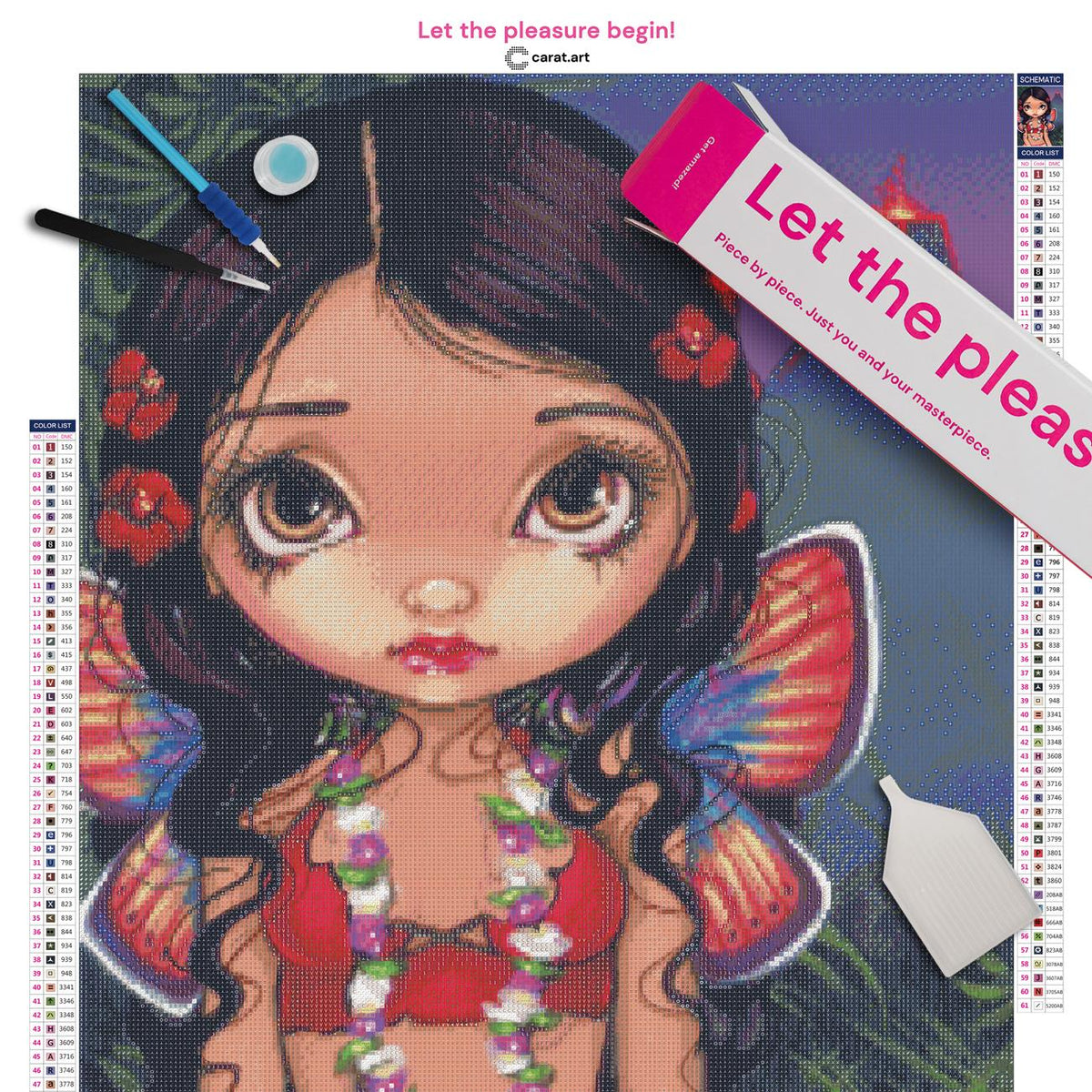 Diamond Painting Set mit hawaiianischer Schmetterlingsfee und Vulkan Motiv inklusive Leinwand, ciratart.com Karton und hochwertigem Zubehör