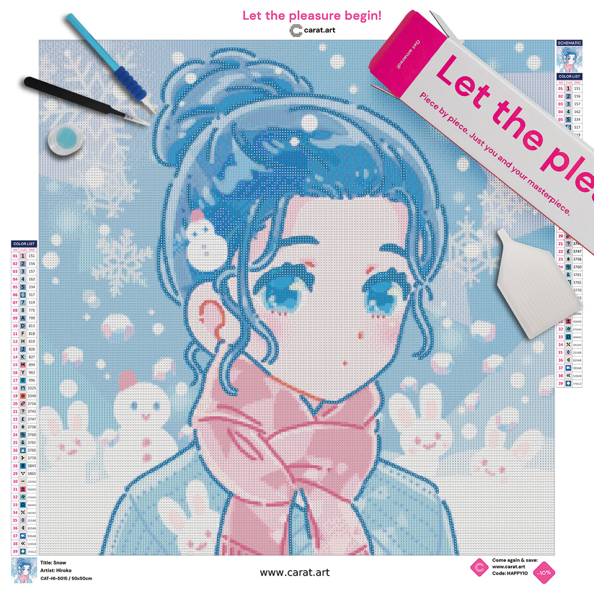 Diamond Painting Komplett-Set mit Mädchen im Schnee, rosa Schal, Schneehäschen und Schneemann in pastellfarbenem Hiroko-Stil inklusive Leinwand, Diamond Painting Werkzeug und ciratart.com Karton