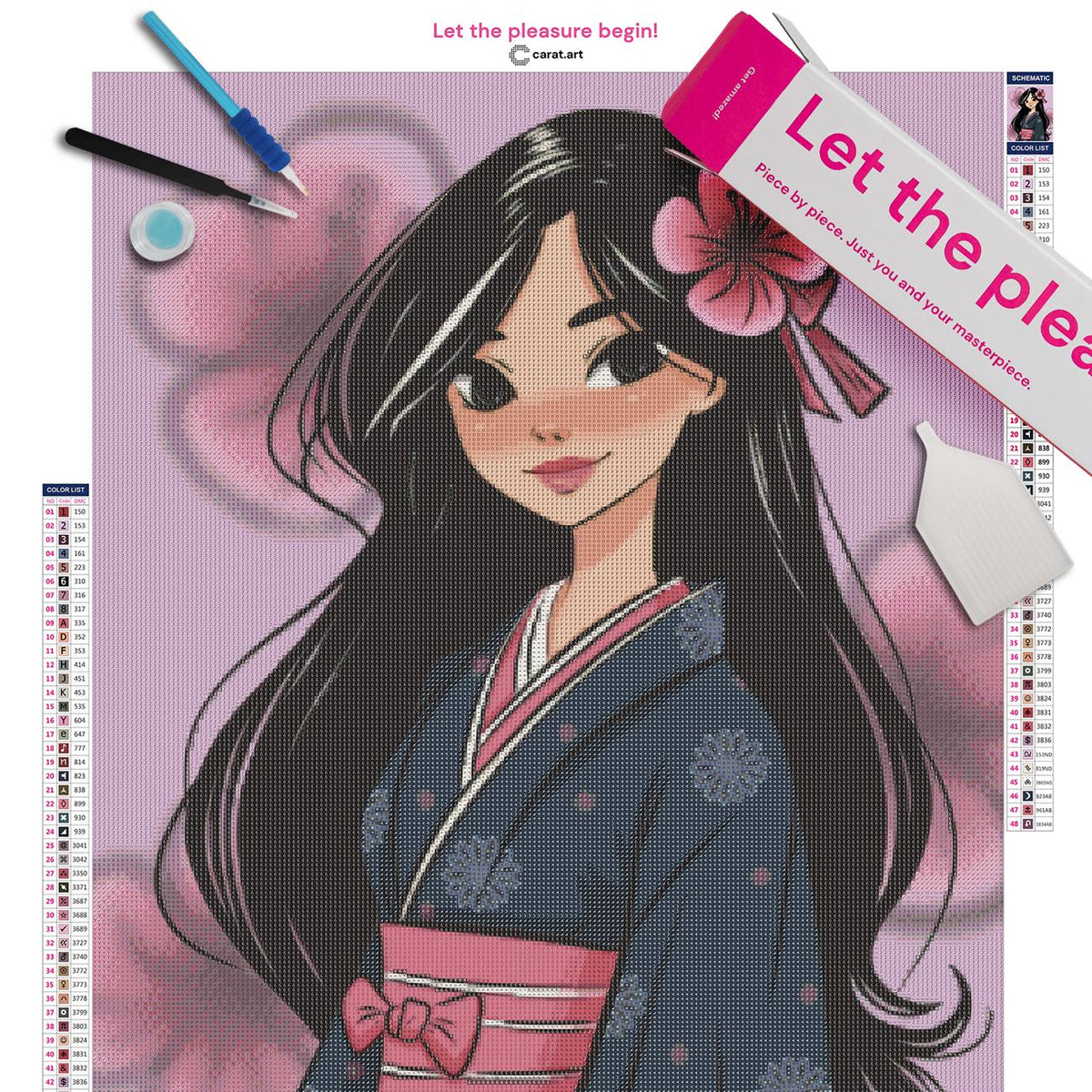 Diamond Painting Set mit Kimono Mädchen und asiatischem Blumenmotiv inklusive Leinwand, ciratart.com Karton und Zubehör