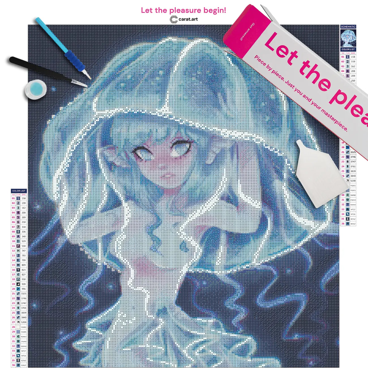 Diamond Painting Set mit Quallenmädchen und Unterwasser Motiv auf Leinwand, mit ciratart.com Karton und hochwertigem Zubehör