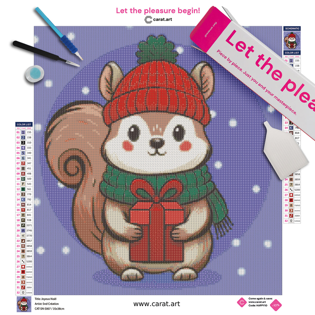 Diamond Painting Set mit süßem Weihnachts Eichhörnchen und Wintermotiv inklusive Leinwand, ciratart.com Karton und Zubehör