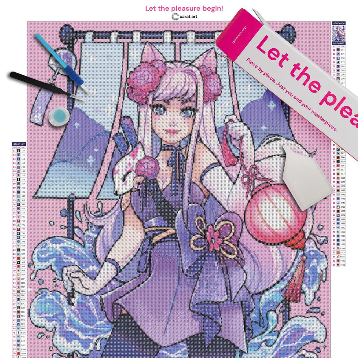 Premium Diamond Painting Set mit Kitsune Mädchen und japanischem Fantasy Motiv inklusive Leinwand, ciratart.com Karton und hochwertigem Zubehör