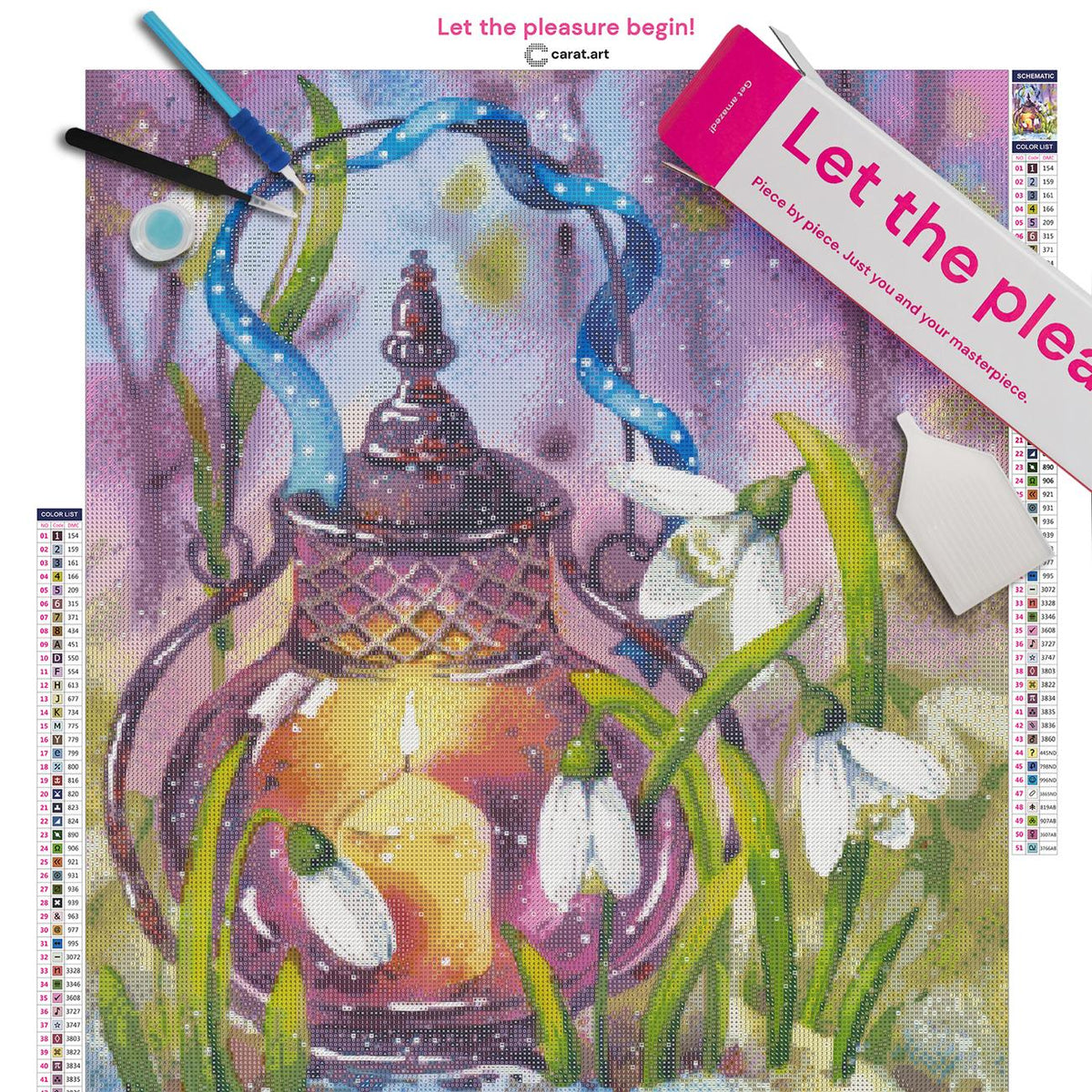 Diamond Painting Set mit leuchtender Laterne, Schneeglöckchen und blauem Band als winterliches Motiv inklusive Leinwand, ciratart.com Karton und hochwertigem Zubehör