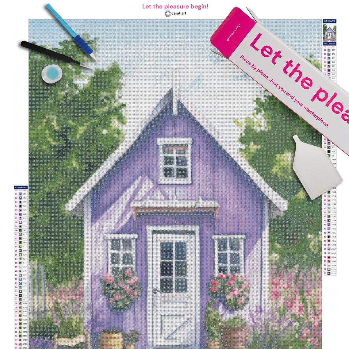 Diamond Painting Set mit lila Haus, Lavendelfeldern und bunten Blumen an den Fenstern inklusive Leinwand, ciratart.com Karton und hochwertigem Zubehör
