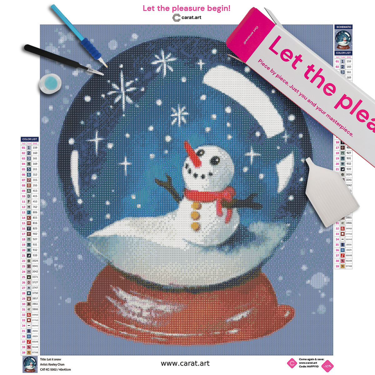 Diamond Painting Set mit Schneemann in einer Schneekugel, funkelnden Schneeflocken und Sternen sowie dekorativer Holzbasis inklusive Leinwand, ciratart.com Karton und hochwertigem Zubehör