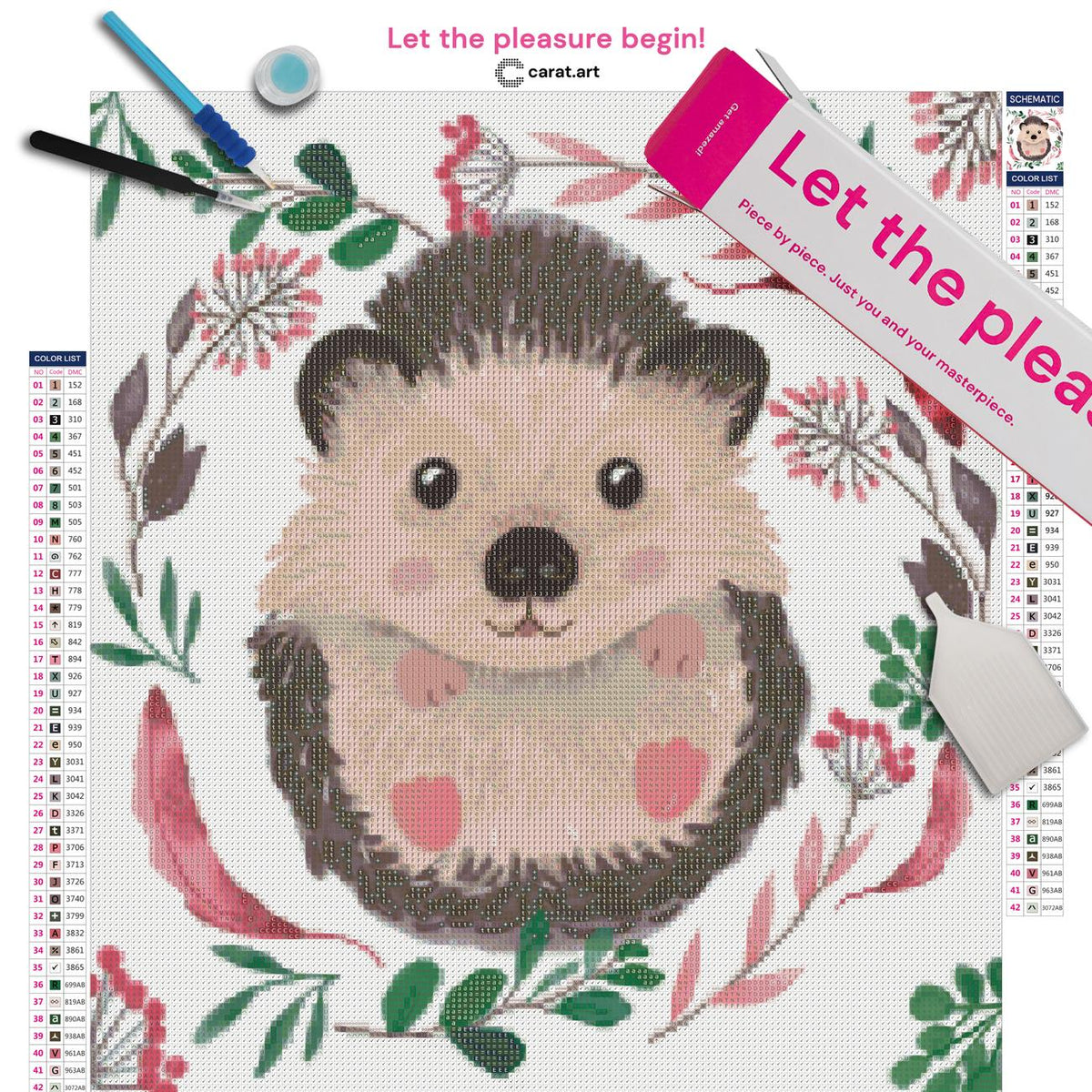Diamond Painting Set mit kleinem Igel und floralen Elementen inklusive Leinwand, ciratart.com Karton und hochwertigem Zubehör