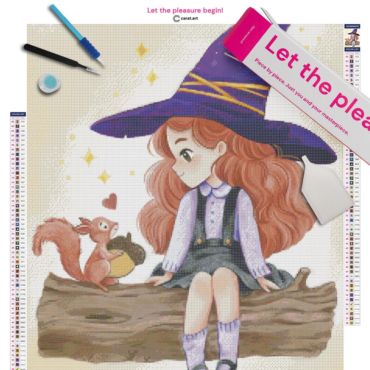Diamond Painting kleine Hexe mit Eichhörnchen als Premium Set mit Leinwand und Diamond Painting Werkzeug