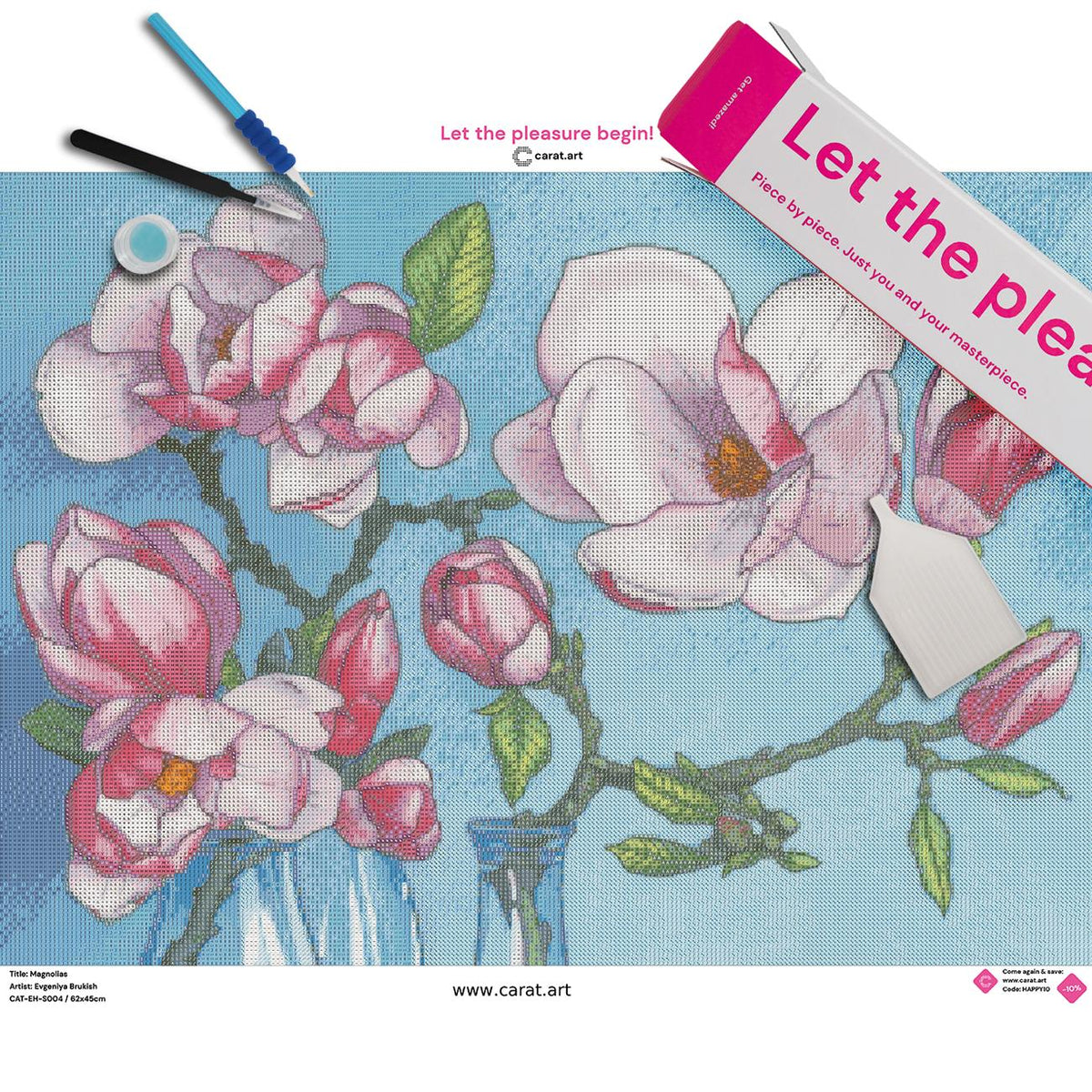 Diamond Painting Set mit rosa-weißen Magnolien und Glasgefäßen inklusive Leinwand, ciratart.com Karton und hochwertigem Zubehör
