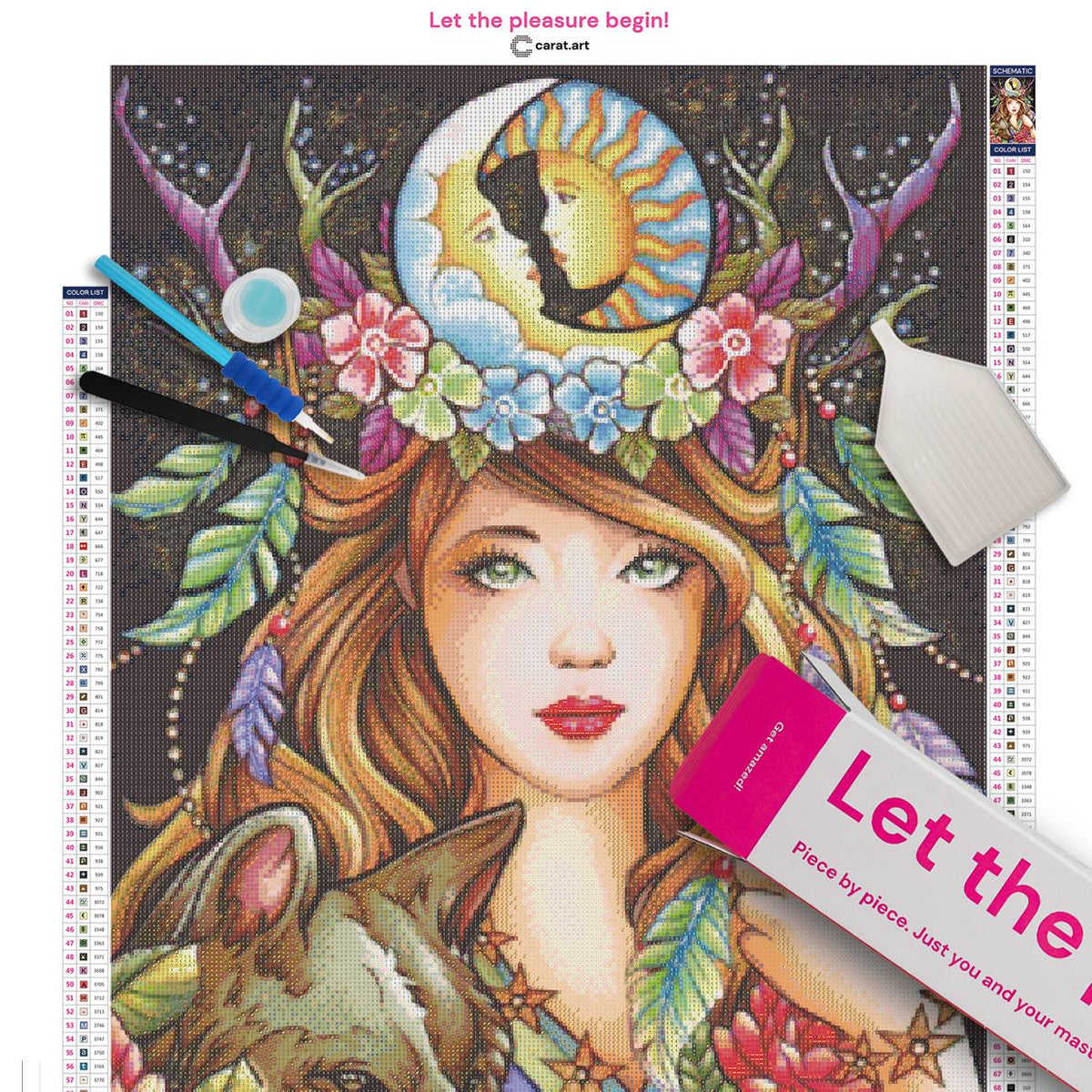 Diamond Painting Set mit Mädchen, Geweih und Wolfshund inklusive Leinwand, ciratart.com Karton und hochwertigem Zubehör