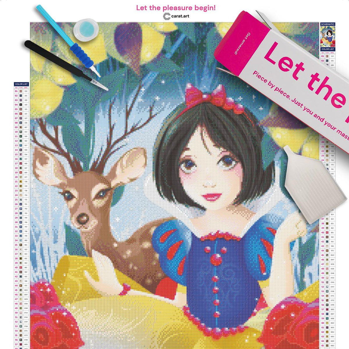 Diamond Painting Set mit Schneewittchen, Reh und rote Rosen inklusive Leinwand, ciratart.com Karton und hochwertigem Zubehör