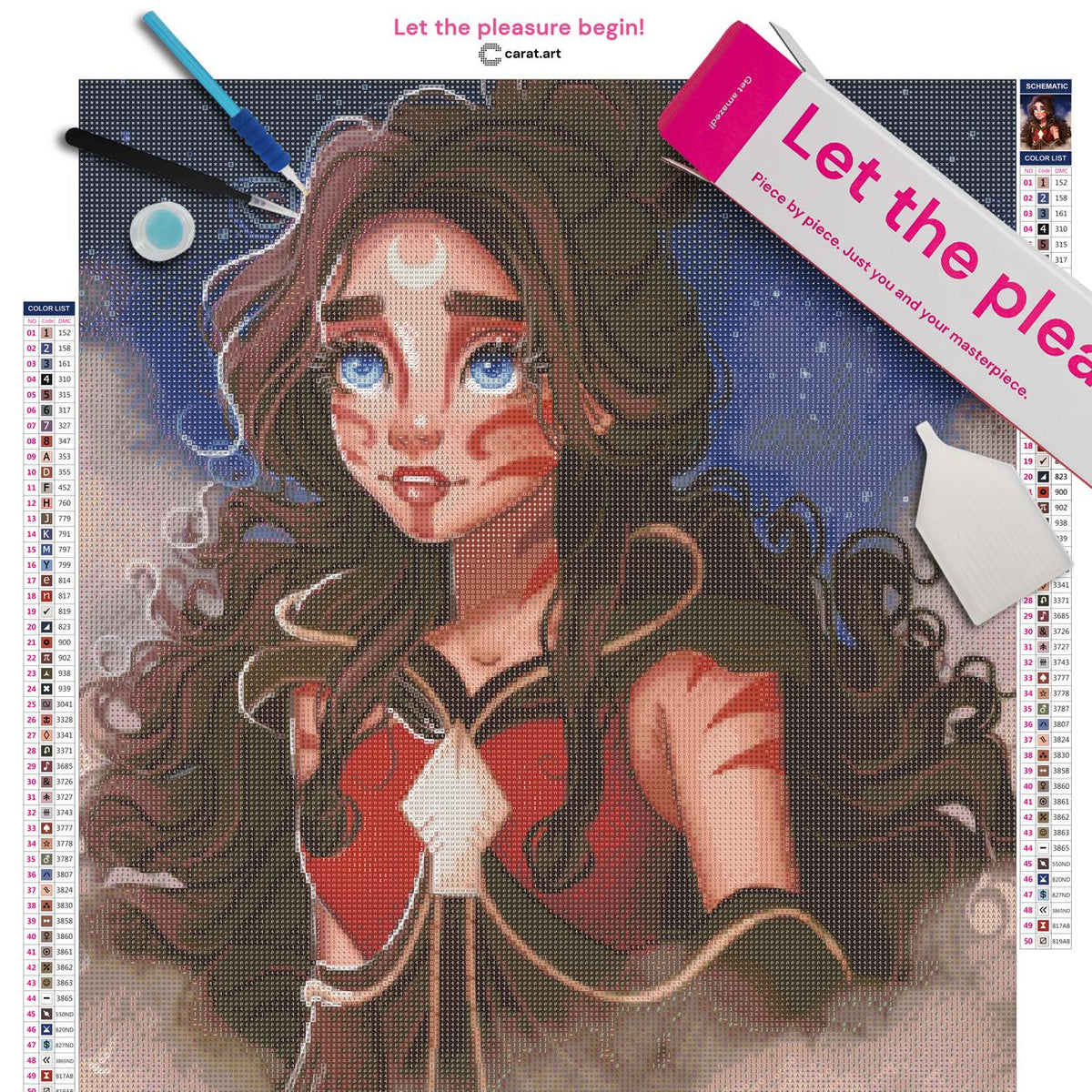 Diamond Painting Set mit mystischem Mädchen im roten Kleid und sternenreicher Nachtszene inklusive Leinwand, ciratart.com Karton und hochwertigem Zubehör