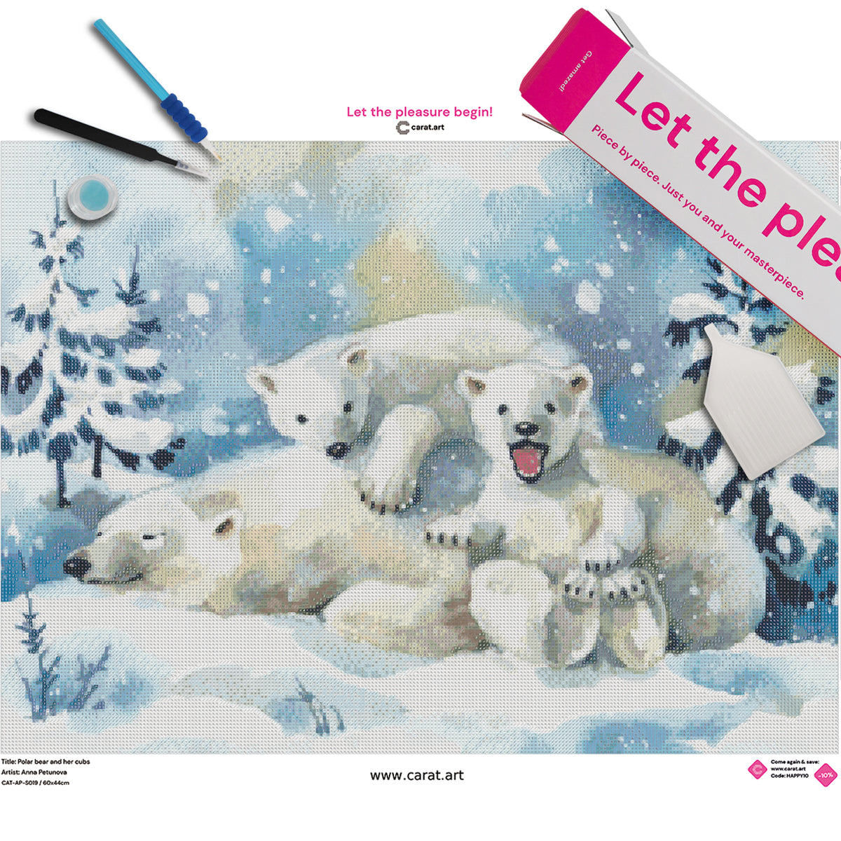Premium Diamond Painting Set mit Eisbärenmutter und zwei Eisbärenjungen in verschneiter Winterlandschaft inklusive Leinwand, ciratart.com Karton und hochwertigem Zubehör
