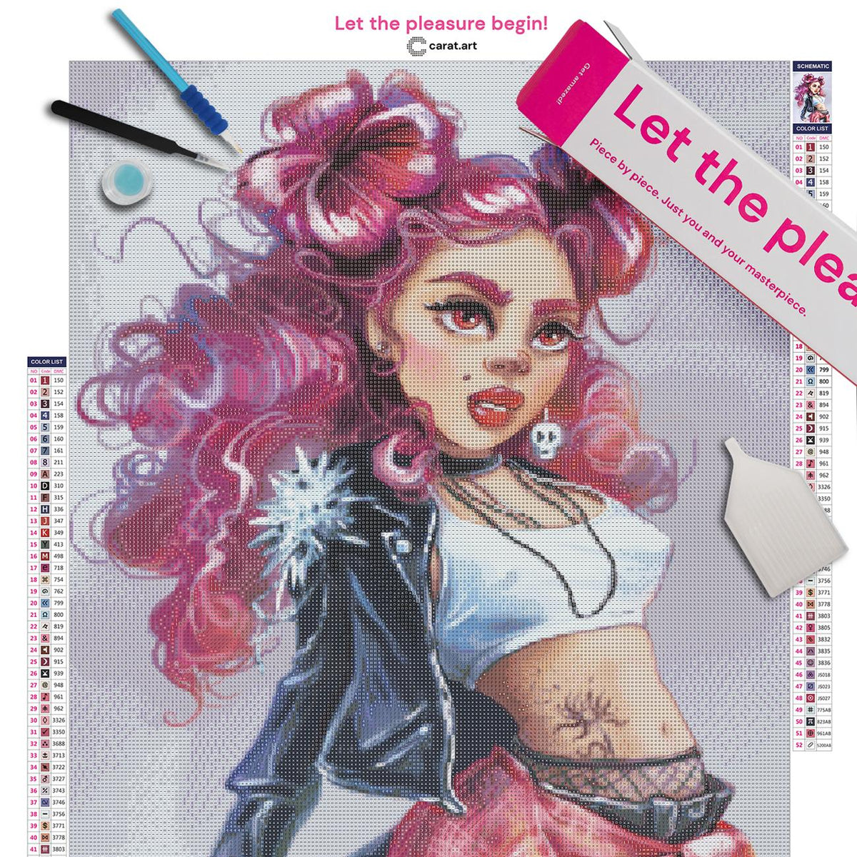 Diamond Painting Set mit Punk-Girl, pinkfarbenen Locken, Lederjacke, zerrissener Jeans und sichtbarem Bauchtattoo inklusive Leinwand, ciratart.com Karton und hochwertigem Zubehör