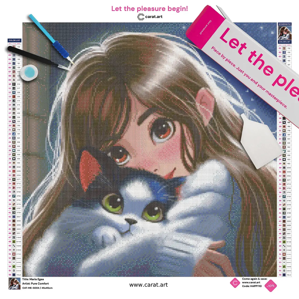 Diamond Painting Set mit Mädchen mit dunklen Haaren und kuscheligem Wollpullover, die mit ihrer Katze vor einem funkelnden Sternenhimmel kuschelt, inklusive Leinwand, ciratart.com Karton und hochwertigem Zubehör