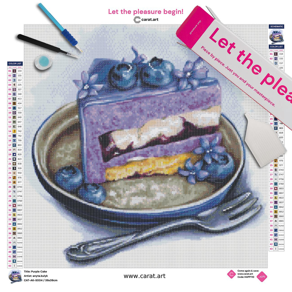Diamond Painting Set mit lila Torte, Blaubeeren und blauen Blüten inklusive Teller und Gabel sowie Leinwand, ciratart.com Karton und hochwertigem Zubehör