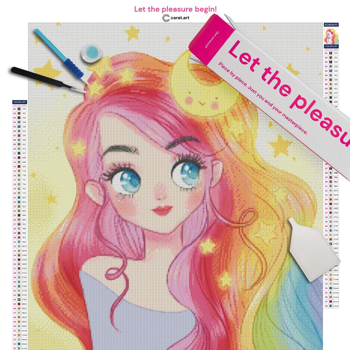 Diamond Painting Set mit Mädchenportrait, Regenbogenhaar, Mond und Sternen inklusive Leinwand, ciratart.com Karton und hochwertigem Zubehör